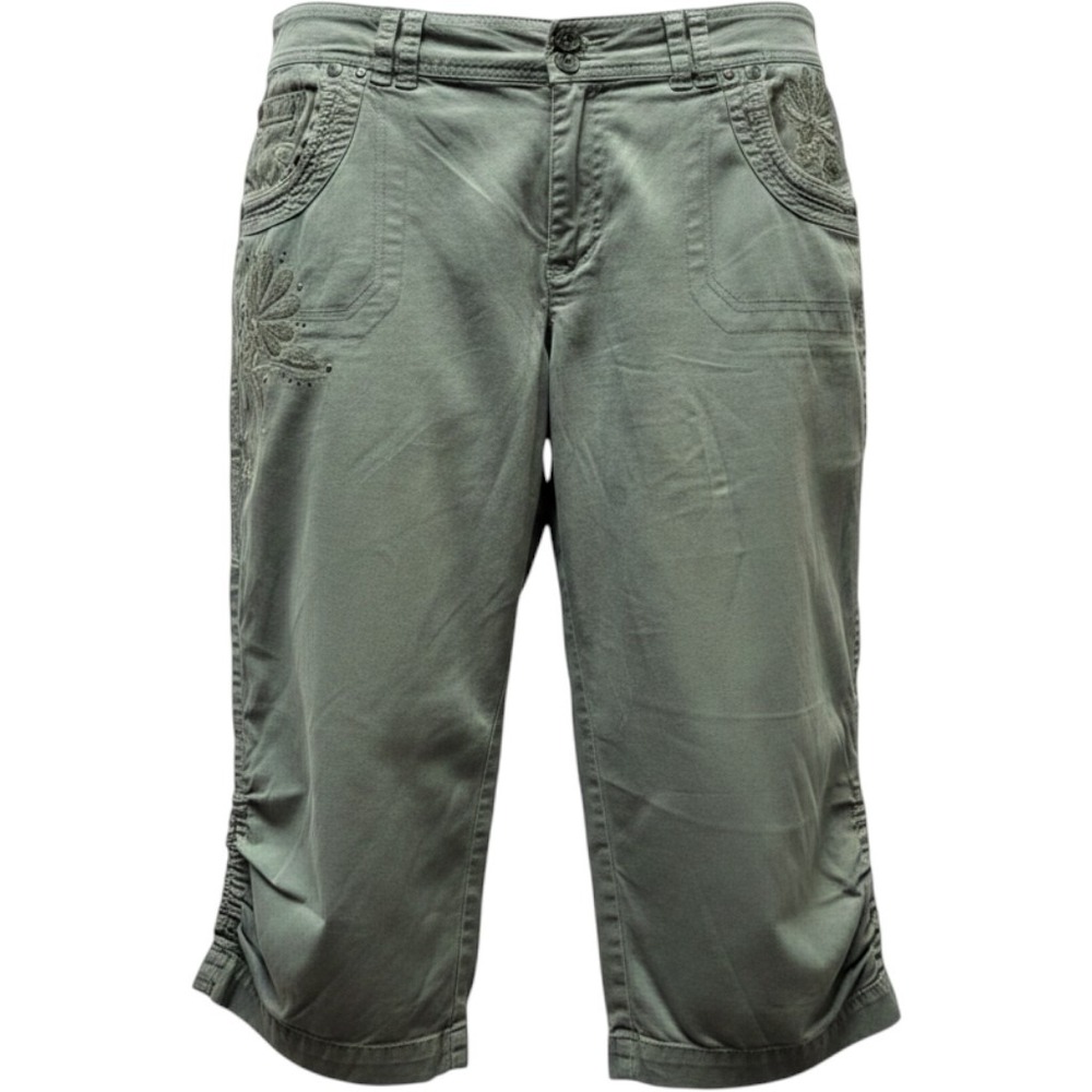 Gloria Vanderbilt Womens Olive Green Embroidered Capri Pants Size 14 Studded